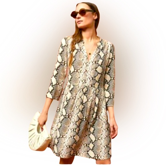 Maeve Anthropologie Women's Sz S Juno Tan Python Snake Print Dress 3/4 Sleeve - Picture 1 of 15